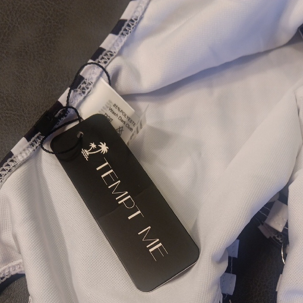 NWT. Tempt Me Balck And White Striped One-Piece Swimsuit With Sexy Side Lace-up - Picture 10 of 11